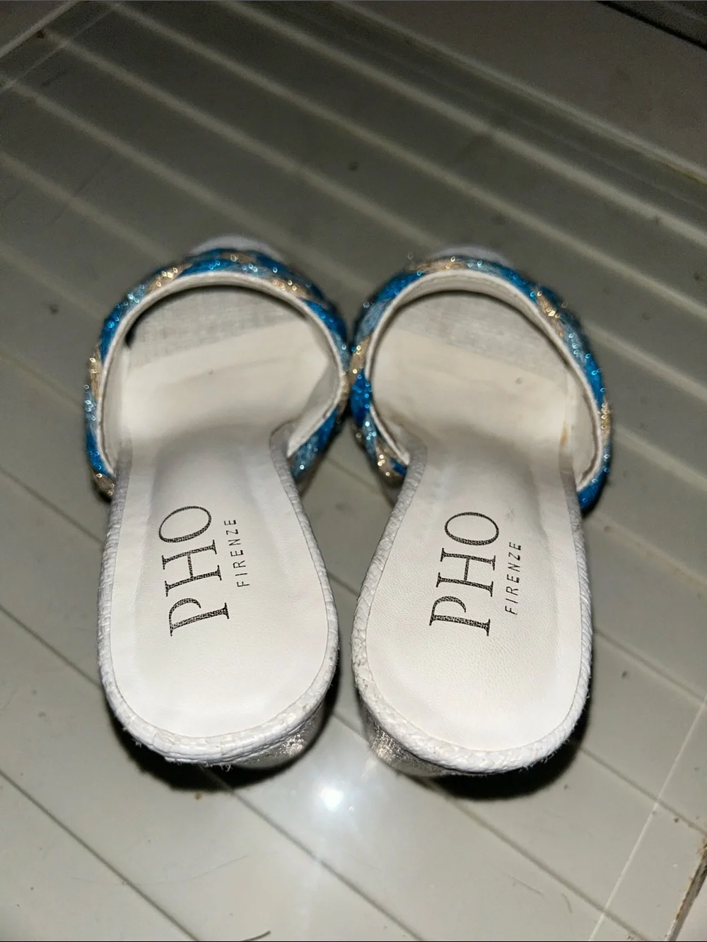 White Platform Heels with Braided Blue Accents